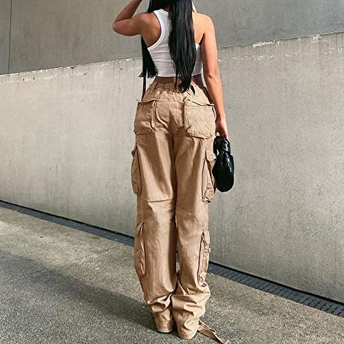 GuYongZ Women's Cargo Pants Jeans Baggy Y2K Wide Leg Straight Parachute Pants Streetwear Casual Pants for Women with Pockets A-Khaki