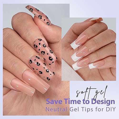 Long Square Gel Nail Tips - BTArtboxnails Nude Peach Soft Gel Nail Tips, 2 in 1 Neutral X-coat Tips Pre-applied Tip Primer, Stronger Adhesion Press On Fake Nails for Nail Extension