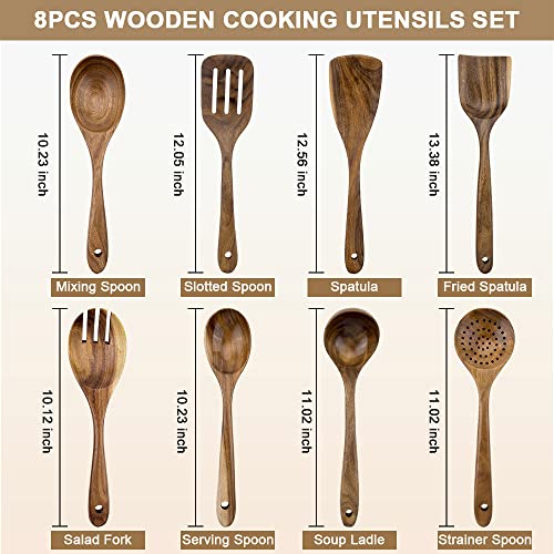 WOODME Kitchen Utensils Set 8 Piece Teak Wooden Cooking Utensil Set Non-Stick Pan Wood Spoons and Spatula Cookware for Home Everyday Use &Kitchen Tools