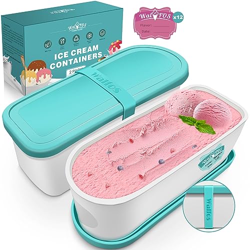 Walfos Ice Cream Containers - 1.6 Quart Each, Reusable Homemade Ice Cream Tubs with Silicone Lids, Stackable Freezer Storage Container for Yogurt, Sorbet, Gelato, Bonus 2 Bands, 12 Stickers, Set of 2