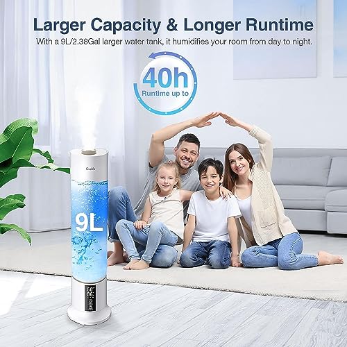 Grelife 9L Large Humidifiers for Bedroom Large Room, Ultrasonic Cool Mist Top Fill Humidifier with 3 Mist Speed, Remote, Quiet Tower Humidifier for Baby Kids Adults Home School Office Plants