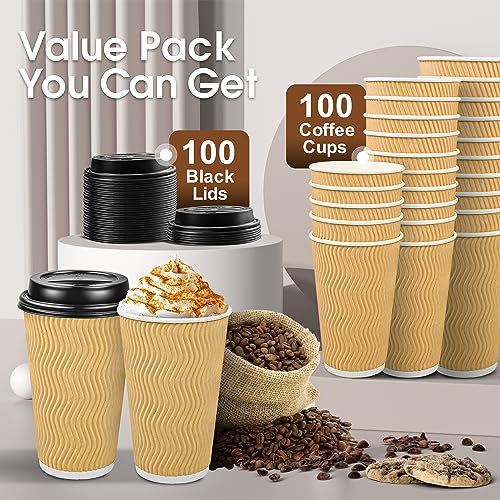Ginkgo 100 Pack Disposable Coffee Cups with Lids 16 oz, Insulated Ripple Wall To Go Paper Cups for Party Home and Travel - Beige
