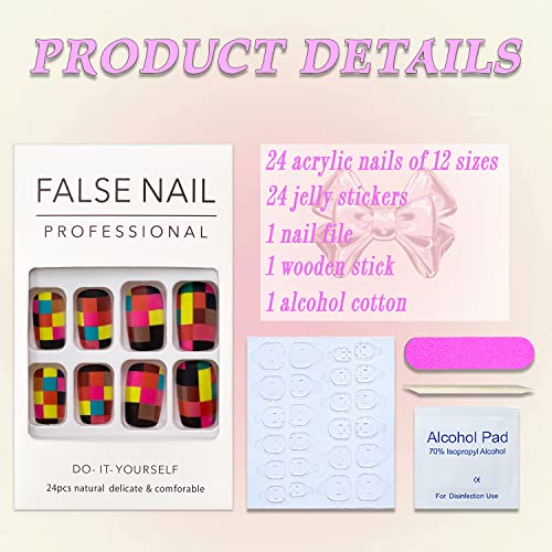 Press on Nails Medium Square Fake Nails Full Cover False Nails with Colorful Mosaic Designs Matte False Nails with Nail Glue Acrylic Nails Artifiical Nails for Women Girls 24 Pcs