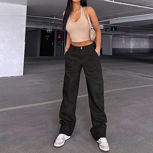 Disnxoo Women's High Waist Cargo Pants Stretch Baggy Multiple Pockets Relaxed Fit Straight Wide Leg Y2K Fashion Jeans (#1 Black, Medium)