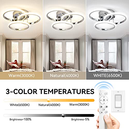 15.74IN 55W Dimmable LED Modern Flush Mount Ceiling Light Fixture with Remote Control, Chrome 3000K-6500K 3-Color Dimming Circle Modern Chandelier, Close to Ceiling Bedroom Kitchen Cloakroom Lamp