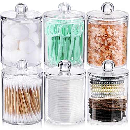 AOZITA 6 Pack Qtip Holder Dispenser for Cotton Ball, Cotton Swab, Cotton Round Pads, Floss - 10 oz Clear Plastic Apothecary Jar Set for Bathroom Canister Storage Organization, Vanity Makeup Organizer