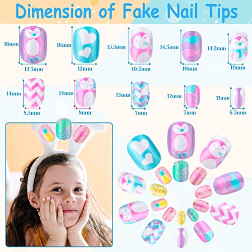 144 Pieces Press on Nails Grils, Thrilez Children Fake Artificial False Nail Tips Pre Glue Full Cover Short Acrylic Nails for Girls Kids Nail Art Decoration (Rainbow Sky)