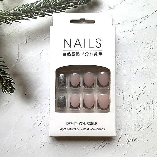 French Tip Press on Nails Short Square Fake Nails Glossy Metallic Silver Nail Tips False Nails with Sliver Glitters Designs Full Cover Nude Acrylic Nails Short Glue on Nails for Women Girls Manicure