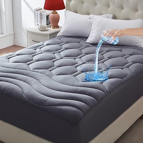 ELVEN HOME King Size Mattress Pad Waterproof, Super Soft Mattress Cover Breathable Quilted, Cooling Fluffy Mattress Topper Noiseless Protector Fitted Deep Pocket 8-21” (Grey,King)