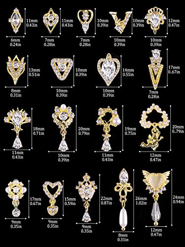 36 Pcs Luxury Nail Art Rhinestone, TOROKOM 3D Dangle Nail Art Charms Gold Silver Heart Pearl Crystal Gems Nail Diamond for Girl Women DIY Nail Design Craft Jewelry Making