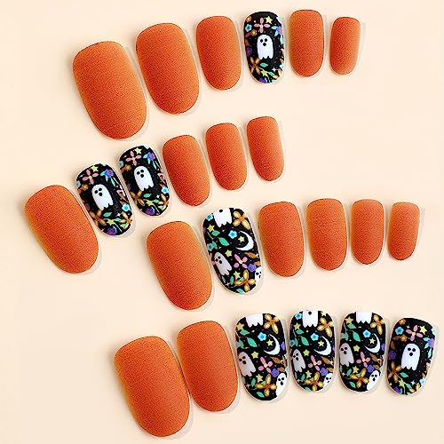 24 Pcs Extra Short Press on Nails Halloween Fake Nails Oval Designs False Nails with Cute Ghost Pattern Matte Full Cover Glue on Nails for Women and Girls Halloween Nail Art Decoration