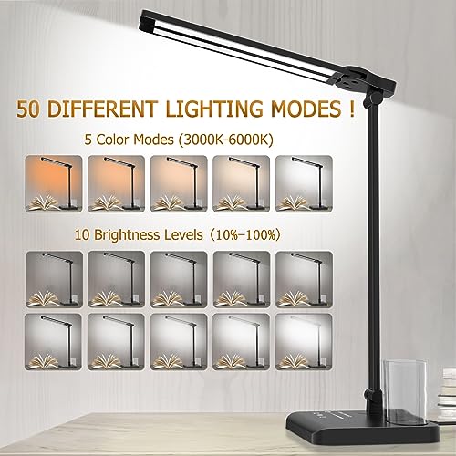 LED Desk Lamp Dimmable Table Lamp with USB Charging Port, 50 Lighting Modes, Adjustable Foldable Dual Swing Arm Architect Desk Lamp for Home Office, Eye-Caring Reading Lamp w/ Pen Holder 45min Timer