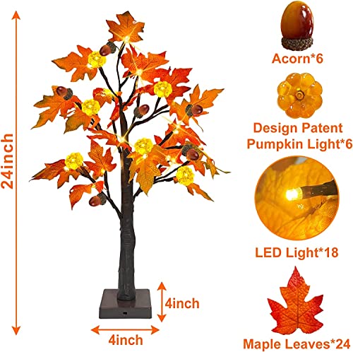 TURNMEON [ 2 Pack & Timer 24 Inch Lighted Maple Tree Fall Decor, Total 48 LED Battery Operated Tabletop Artificial Tree Design Patent Pumpkin & Acorn Thanksgiving Halloween Decoration Home Indoor