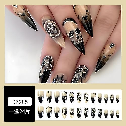 Halloween Press on Nails Medium Dark Black Punk Acrylic Full Cover Halloween Fake Nails Skull Rose Glossy Glue on Nails with Black Heart Rhinestone Y2K Stiletto Nails Halloween Nails for Women & Girls