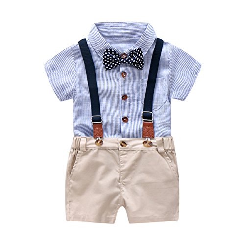 Baby Boys Gentleman Outfits Suits, Infant Blue Shirt+Bib Shorts+Tie+Suspenders Clothing Set,6-9M