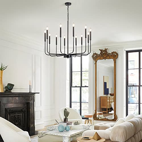 JDfeiFFF Black Chandelier 12 Light Modern Farmhouse Chandeliers for Dining Room Large Size Rustic Candle Chandelier Light Fixtures Ceiling Hanging for Living Room Kitchen Island Hallway Foyer