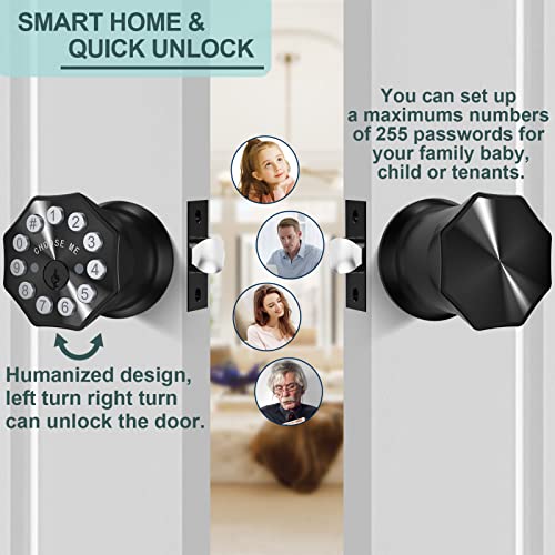 Door Knob with Keypad and Key, Keyless Entry Door Lock,Smart Digital Knob Unlock by Passcode/Keys/USB backuplock,Electronic Door Knob for Home Bedroom Apartment Garage Office Security,Black