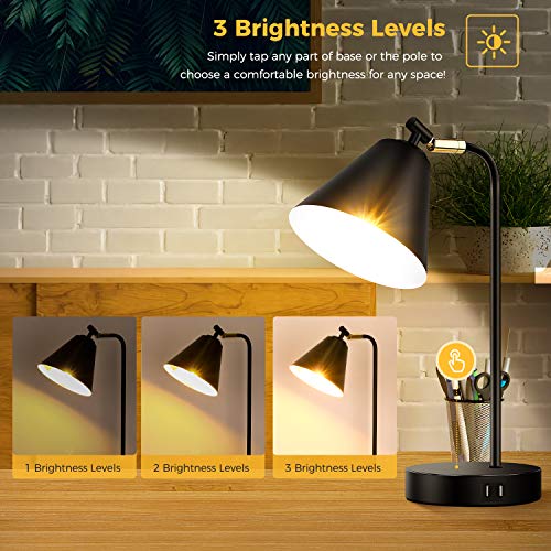 Industrial Dimmable Desk Lamp with 2 USB Charging Ports AC Outlet, Touch Control Bedside Nightstand Reading Lamp Flexible Head, Black Metal Table Lamp for Bedroom Office Living Room, Bulb Included