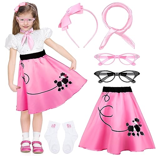 AOTHSO 6 Pieces 1950s Girls Poodle Skirt 50s Costume Accessory, Headband Glasses Scarf Socks Outfit Halloween Costume