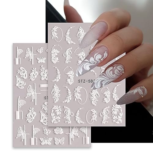 6 Sheets Embossed Flower Nail Art Stickers Decals Exquisite White Flower 5D Self-Adhesive Nail Art Supplies Yellow Pink Blue Lace Floral Nail Art Design Decoration Accessories for Women Manicure DIY