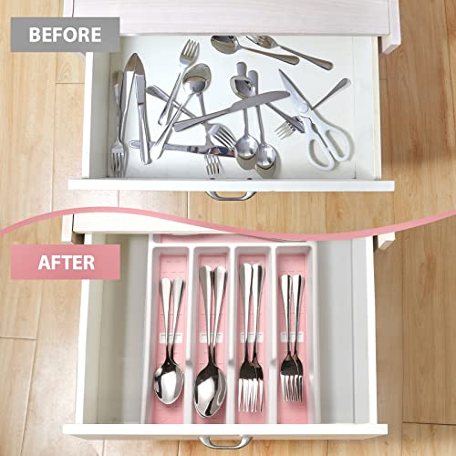 Joequality Silverware Organizer with Icons，Plastic Cutlery silverware Tray for Drawer，Utensil Flatware Tableware Organizer for Kitchen with Non-slip TPR,Fits Standard Drawer,5-Compartment,Pink