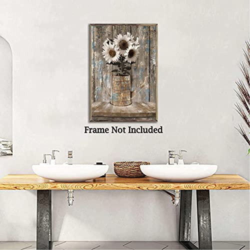 Rustic Farmhouse Sunflowers Wall Art Flowers Painting Country White Canvas Wall Art Prints Wood Board Artwork Picture Canvas Painting Home Decor For Bedroom Living Room 16X24 inch Frameless