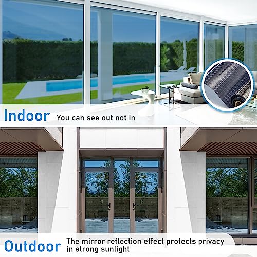 One Way Window Privacy Film See Out Not in Heat Blocker Window Tinting Film for Home Reflective Sun Blocking Window Tint Non-Adhesive Static Cling Glass Door Window Covering (17.5 x 78.7 Inch)