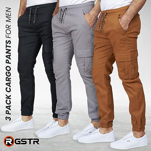 RGSTR 3 Pack Cargo Pants for Men - Relaxed Fit Twill Joggers with Elastic Waistband and Stretch Fabric - Casual Wear