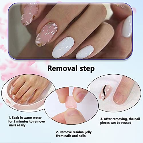 Press on Nails Medium White Full Cover Design Almond Nails Glossy Acrylic Nails Reusable Fake Nails Cute Flowers Stick on Nails for Women