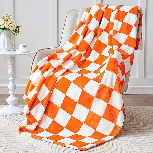 BEDELITE Checkered Throw Blanket for Couch and Bed, Luxurious Decorative Fleece Blanket with Checkerboard Grid Home Decor, Soft and Cozy Orange and White Fall Throw Blanket, 50"x60"