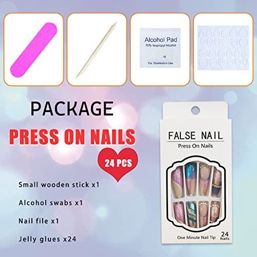 Extra Long Press on Nails Coffin Fake Nails Full Cover False Nails with Colorful Sequins Designs Acrylic Stick on Nails Rhinestones Matte with Glue on Nails for Women 24Pcs