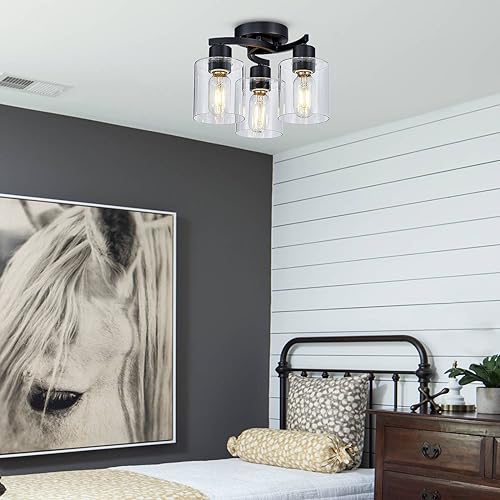 Flush Mount Ceiling Light, 3-Light Close to Ceiling Light Fixtures, Matte Black Bedroom Light Fixtures with Clear Glass Shades, Hallway Light Fixtures with E26 Socket for Kitchen Entryway Foyer