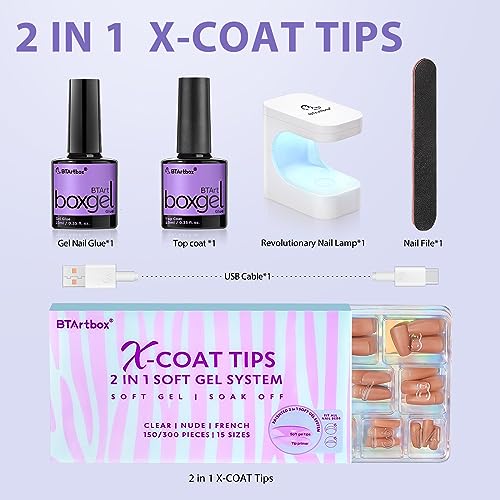 Gel Nail Kit - BTArtbox Soft Gel Nail Tips and Glue Gel Kit, 2 in 1 X-coat Tips with Tip Primer Base, 150pcs Short Coffin Nail Tips Fake Nails with Gel Nail Glue Top Coat Nail Extension Kit, Brown