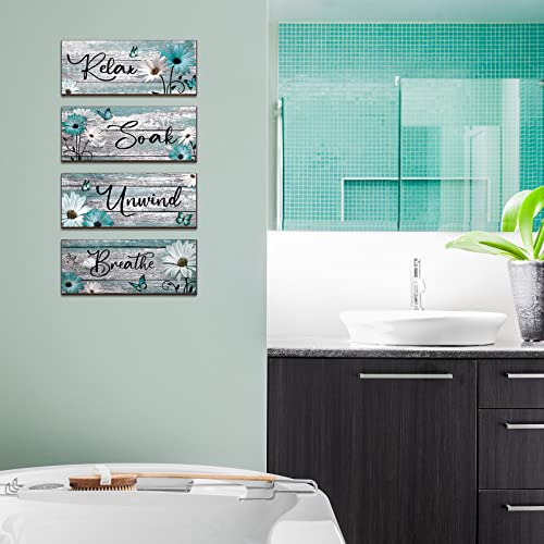 Sunnyray 4 Pcs Farmhouse Bathroom Wall Decor Sign Daisy Floral Flowers and Butterfly Bathroom Wall Art Relax Soak Unwind Breathe Rustic Wood Plaque for Home Spa Laundry (Turquoise,10 x 4 Inch)