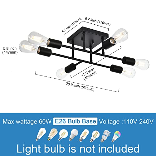 TULUCE 6 Lights Semi Flush Mount Ceiling Light Fixture,Modern Sputnik Chandelier Ceiling Lamp,Matte Black Semi Flush Mount Close to Ceiling Light for Kitchen Study Dining Room Living Room Hallway