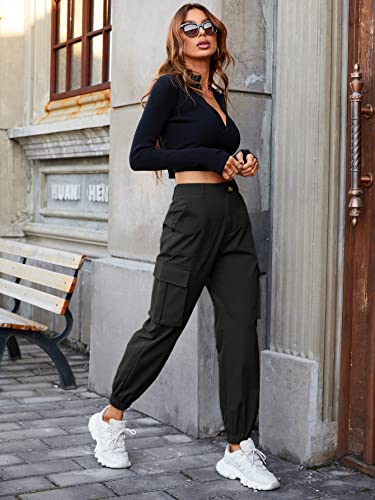 MakeMeChic Women's Casual High Waisted Hiking Jogger Cargo Pants with Pockets Black M