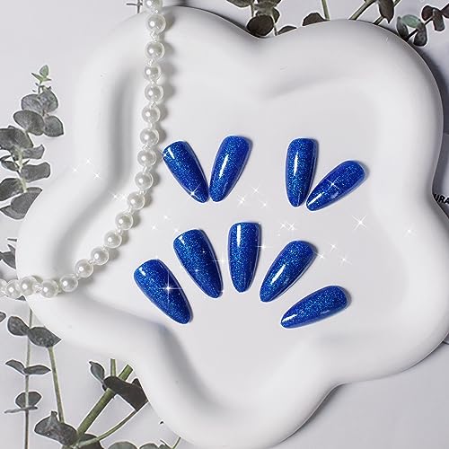 Royal Blue Glitter Press on Nails Medium Almond Shape,KQueenest Iridescent Shimmer Acrylic Fake Nails with Salon UV Finish,Sparkling Gel Nails Press ons,Glossy Flash Glue on Nails Medium False Nails with Designs for Home Manicure in 24 PCS