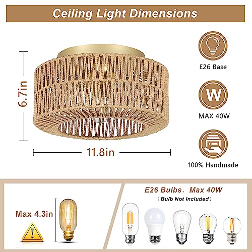 PAUFUL Boho Light Fixtures Ceiling Mount, 3-Light Farmhouse Rattan Ceiling Light Fixture, Flush Mount Ceiling Light with Hand-Woven Shade, Modern Chandelier for Living Bedroom Entryway Kitchen Nursery