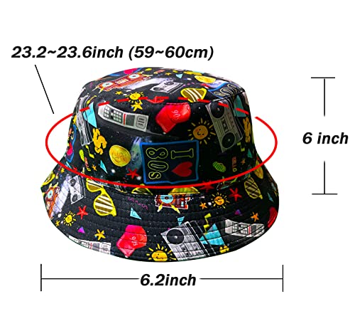 GCFIYPP 80s 90s Hip Hop Accessories Rapper Costume Reversible Bucket Hat Sunglasses Gold Plated Chain for Men Women (Black printing)