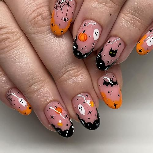 Halloween Nails French Tip Press on Nails Short Almond Fake Nails Nude Pink False Nails with Cute Ghosts and Pumpkins Pattern Designs Full Cover Glossy Acrylic Nails for Women 24 Pcs