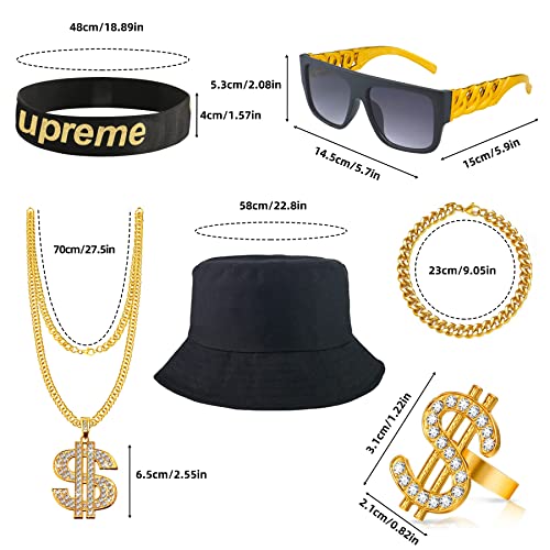 Ruicnte 80s 90s Hip Hop Costumes Outfit,6PC Old School Rapper Cosplay Themed Party Outfits Accessories,Fake Gold Money Chain,Dollar Sign Finger Ring for Men Boy,Punk Sunglasses