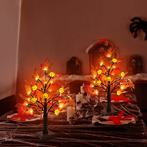 TURNMEON 2 Pack 18 Inch Prelit Fall Maple Tree with 48 LEDs Timer Battery Operated Lighted Pumpkins 6 Acorns Tabletop Artificial Autumn Fall Tree for Thanksgiving Fall Harvest Home Indoor