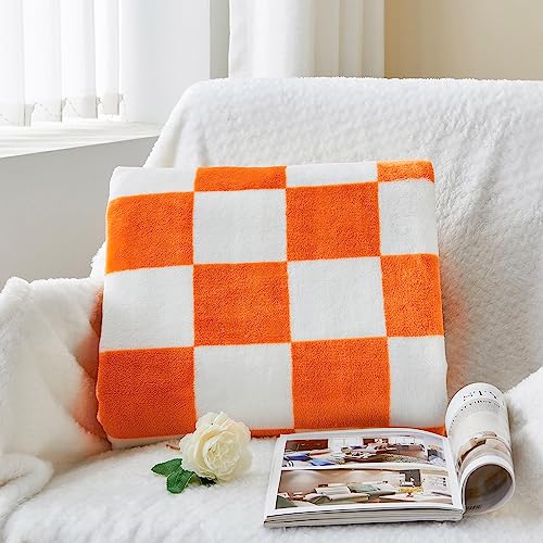 BEDELITE Checkered Throw Blanket for Couch and Bed, Luxurious Decorative Fleece Blanket with Checkerboard Grid Home Decor, Soft and Cozy Orange and White Fall Throw Blanket, 50"x60"