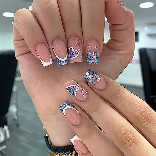 24 Pcs Pink Press on Nails Medium Square - BHLFRH White French Fake Nails Press ons Heart Sequins Glitter Design Full Cover False Nails Glue on Nails Artificial Acrylic Nail Art for Women Decorations