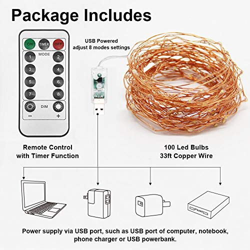 Twinkle Star Copper Wire Fairy String Lights 8 Modes USB Powered, Remote Control for Wedding Party Home Christmas Decoration, Warm White, 33ft 100LED