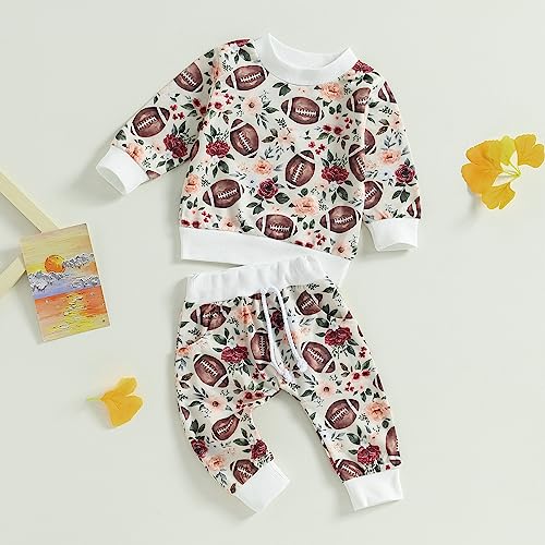 Toddler Baby 2PC Outfit Football Print Long Sleeve Tops Flower Pants Set for Infant Girls Boy Fall Clothes (Rugby&Flower, 0-6 Months)