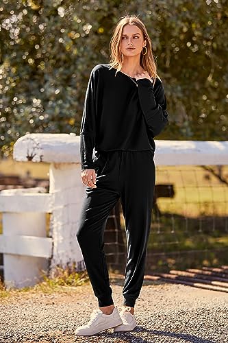 PRETTYGARDEN Women's 2023 Fall Fashion Outfits 2 Piece Sweatsuit Solid Color Long Sleeve Pullover Long Pants (Black,X-Large)