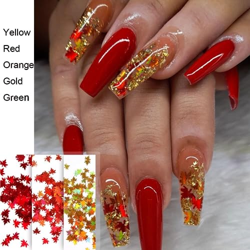 Fall Nail Art Glitter Maple Leave Nail Sequin Glitter Autumn Nail Supplies Holographic Yellow Green Red Maple Leaf Design Thanksgiving Nail Art Supplies for Women Girls DIY Manicure