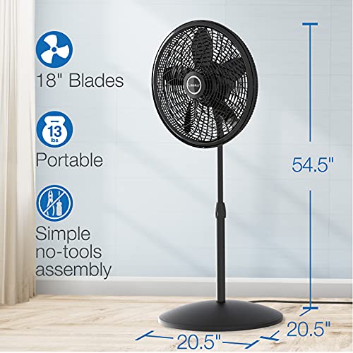 Lasko Oscillating Pedestal Fan, Adjustable Height, 3 Speeds, for Bedroom, Living Room, Home Office and College Dorm Room, 18", Black, 1827