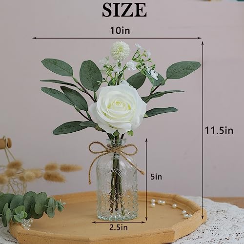 YXZZWL Faux Flowers with Bud Vase,Mini Artificial Silk Roses and Fake Eucalyptus in Glass Vase for Wedding Party Dining Table Centerpiece Decorations Office Farmhouse Home Decor (White)